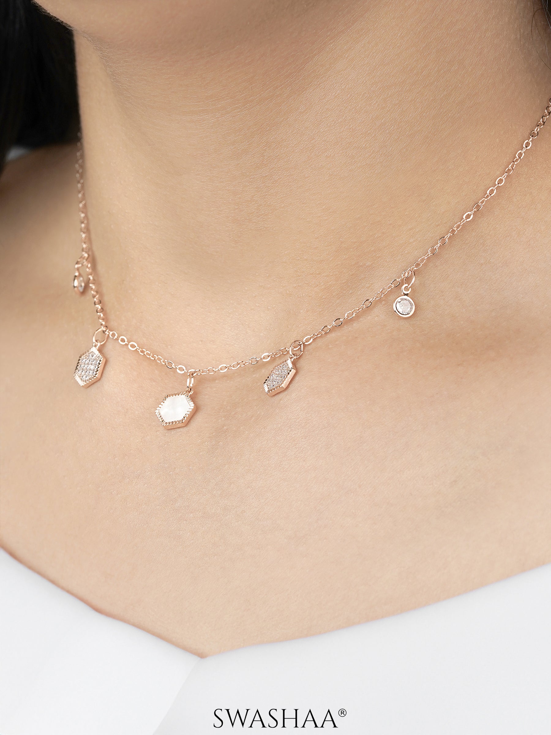 Oadira Pearl Hexagon Charms Rosegold Plated Choker Necklace