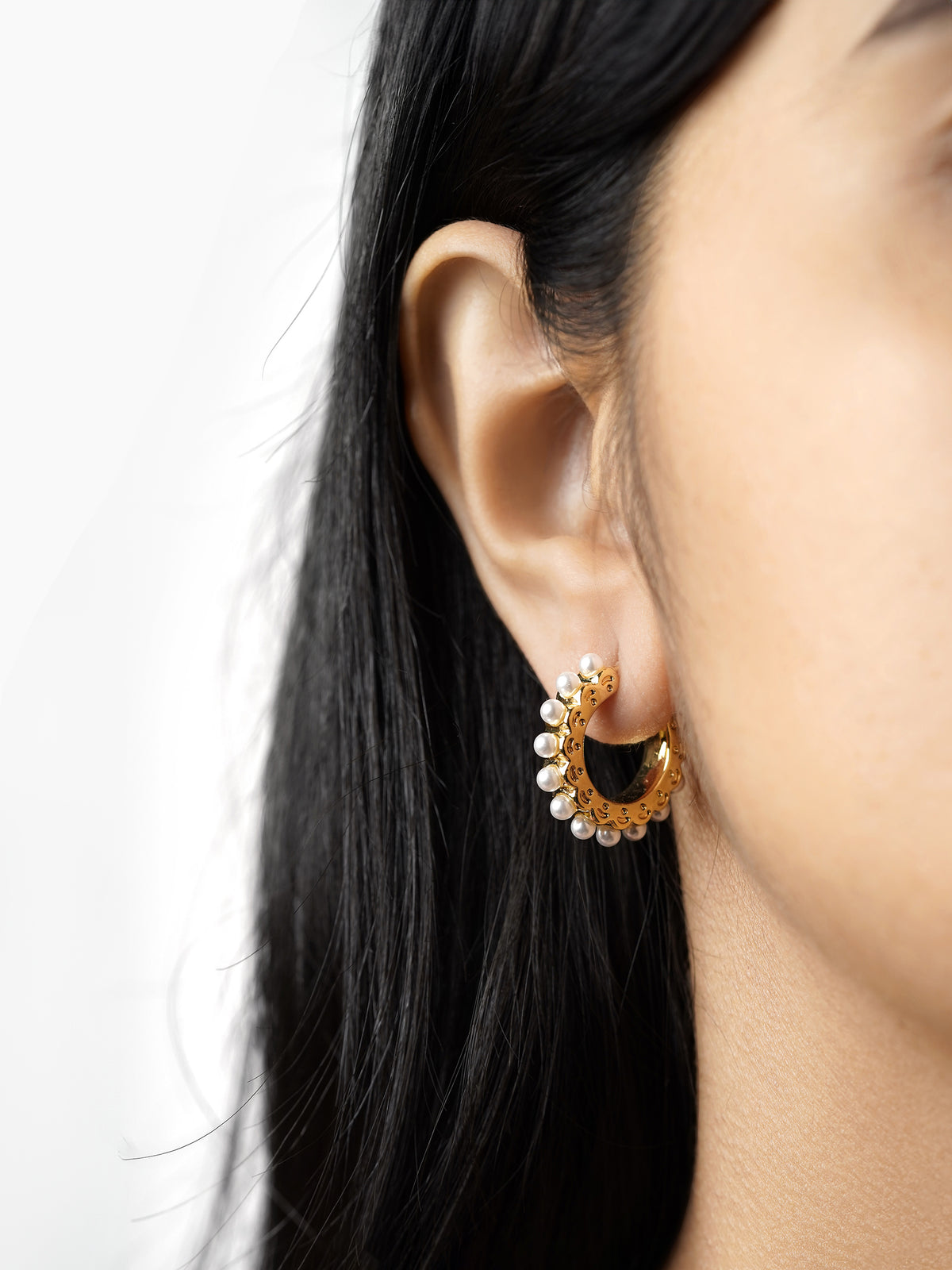 Olga Dainty White Pearl 18K Gold Plated Half Hoop Earrings