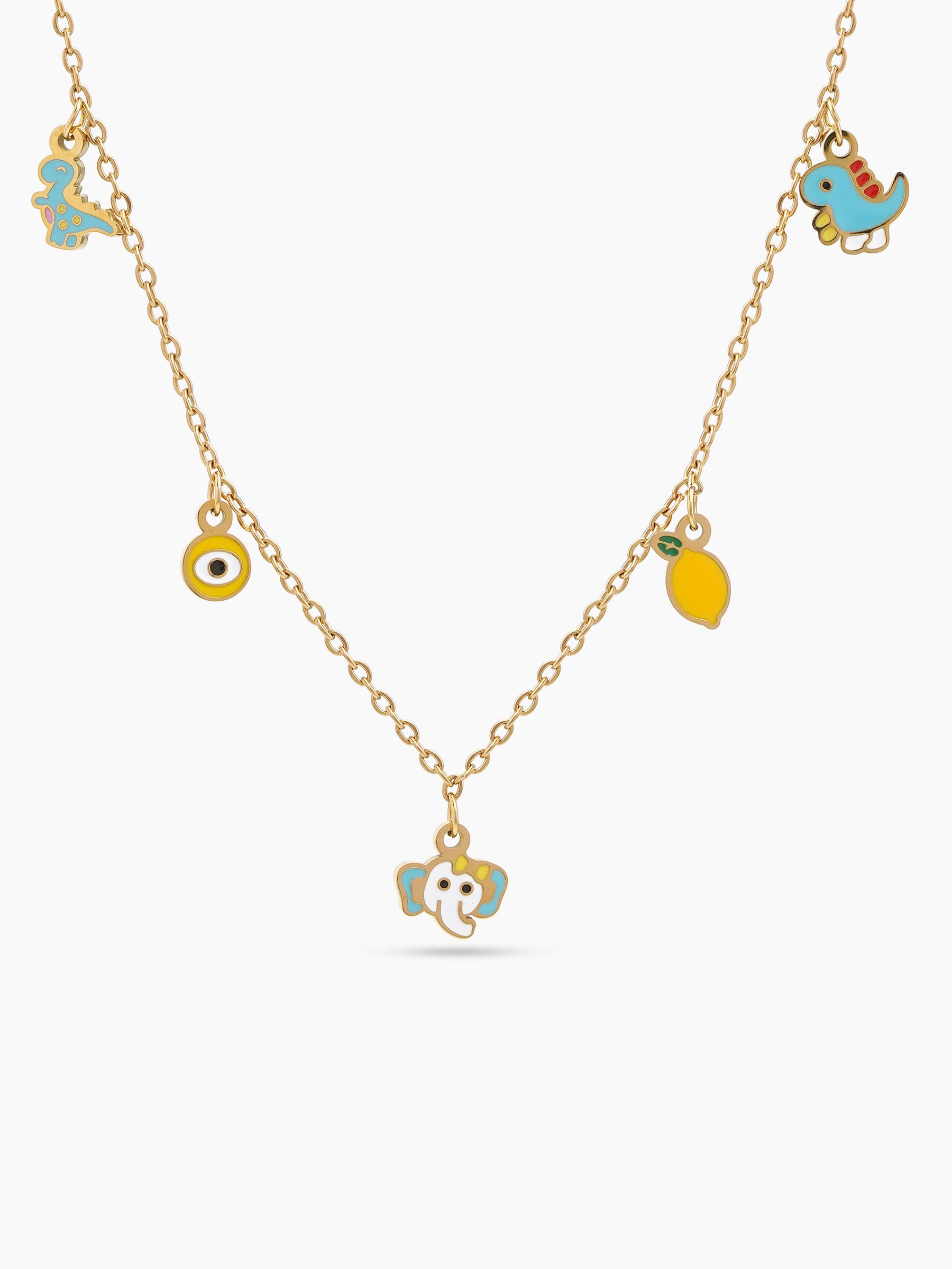 Ollie Dino Dinosaur,Lemon,Elephant,Evil-Eye Charms 18K Gold Plated Kid's Chain Pendant Necklaces
