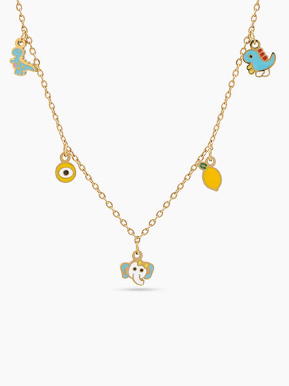Ollie Dino Dinosaur,Lemon,Elephant,Evil-Eye Charms 18K Gold Plated Kid's Chain Pendant Necklaces