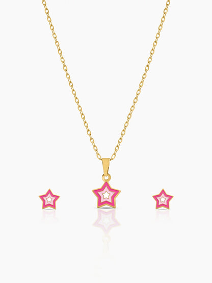 Ombre Pink Star 18K Gold Plated Kid's Jewelry Set Of 2 - Necklace & Earrings - Swashaa