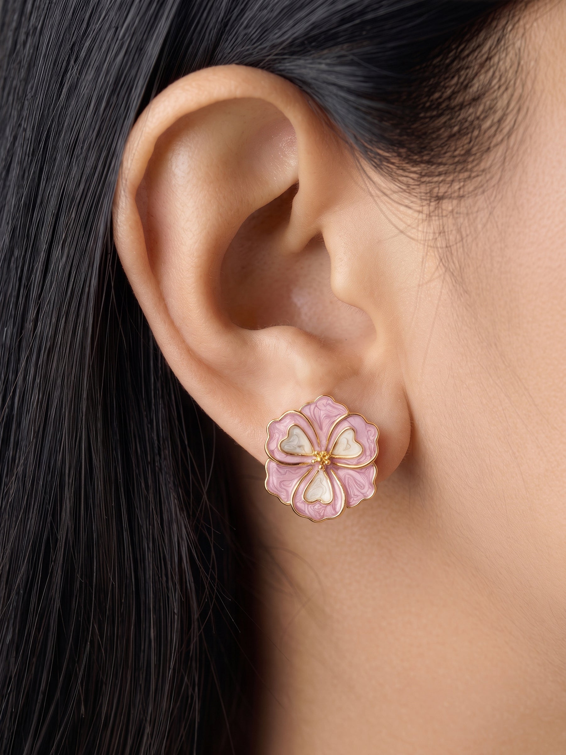 Omelia Soft pink White Flower Petal 18K Gold Plated Women's Stud Earrings