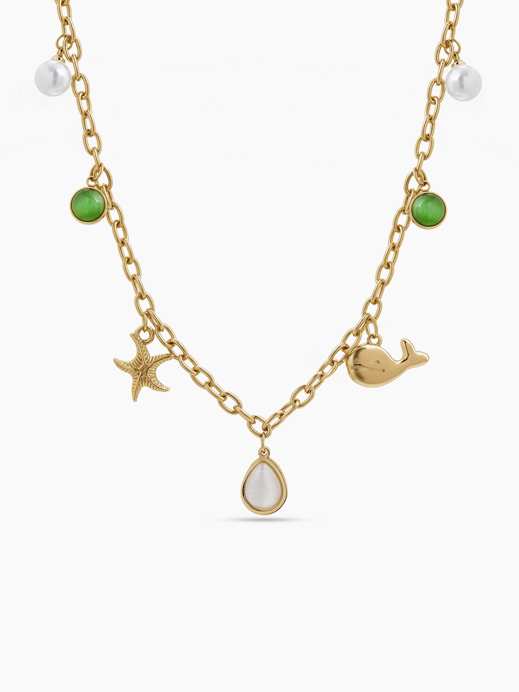 Ondine Ocean Star Fish Green Stone Fish Pearl Drop Charm 18K Gold Plated Women's Chain Pendant Necklace