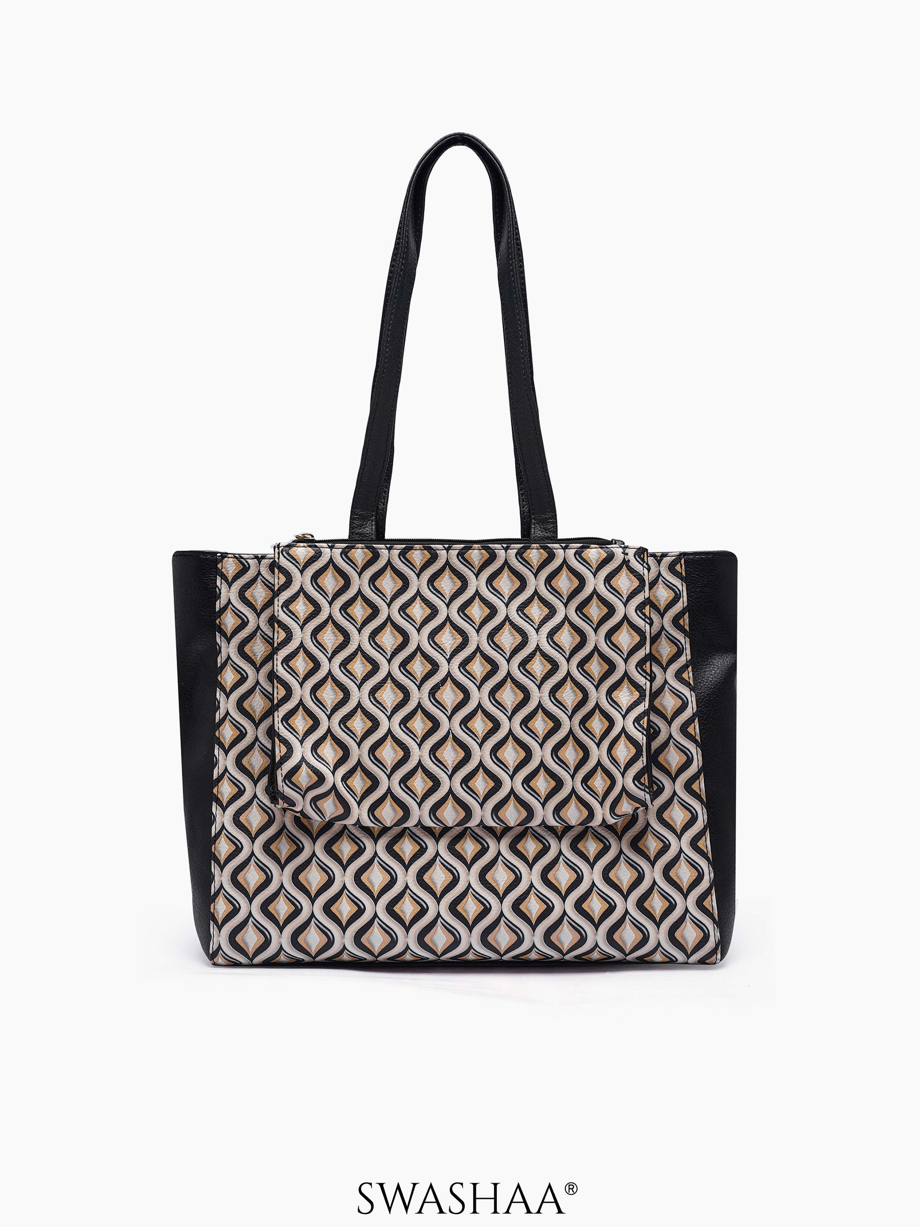 Opal Black Beige Geo Pattern Women's Leather Tote Bag