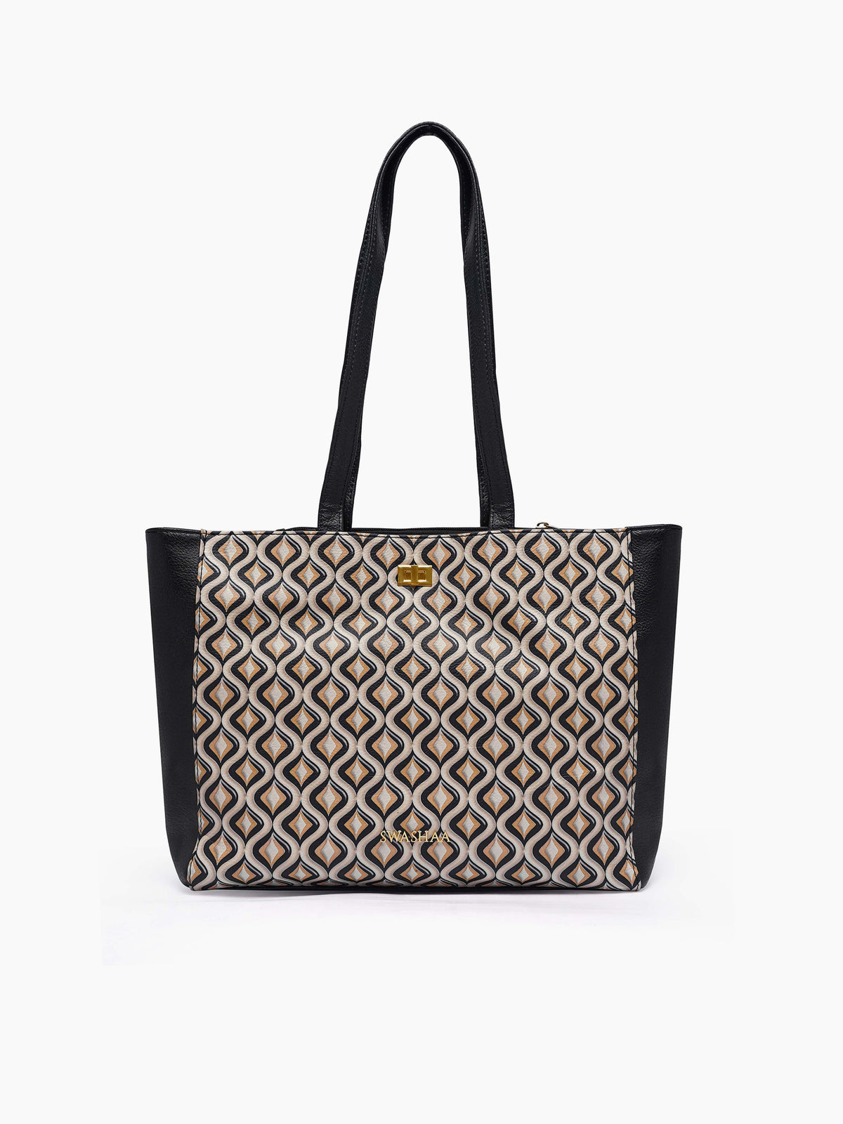 Opal Black Beige Geo Pattern Women's Leather Tote Bag