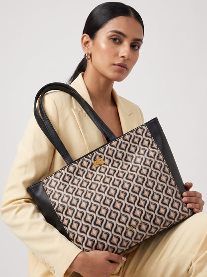 Opal Black Beige Geo Pattern Women's Leather Tote Bag