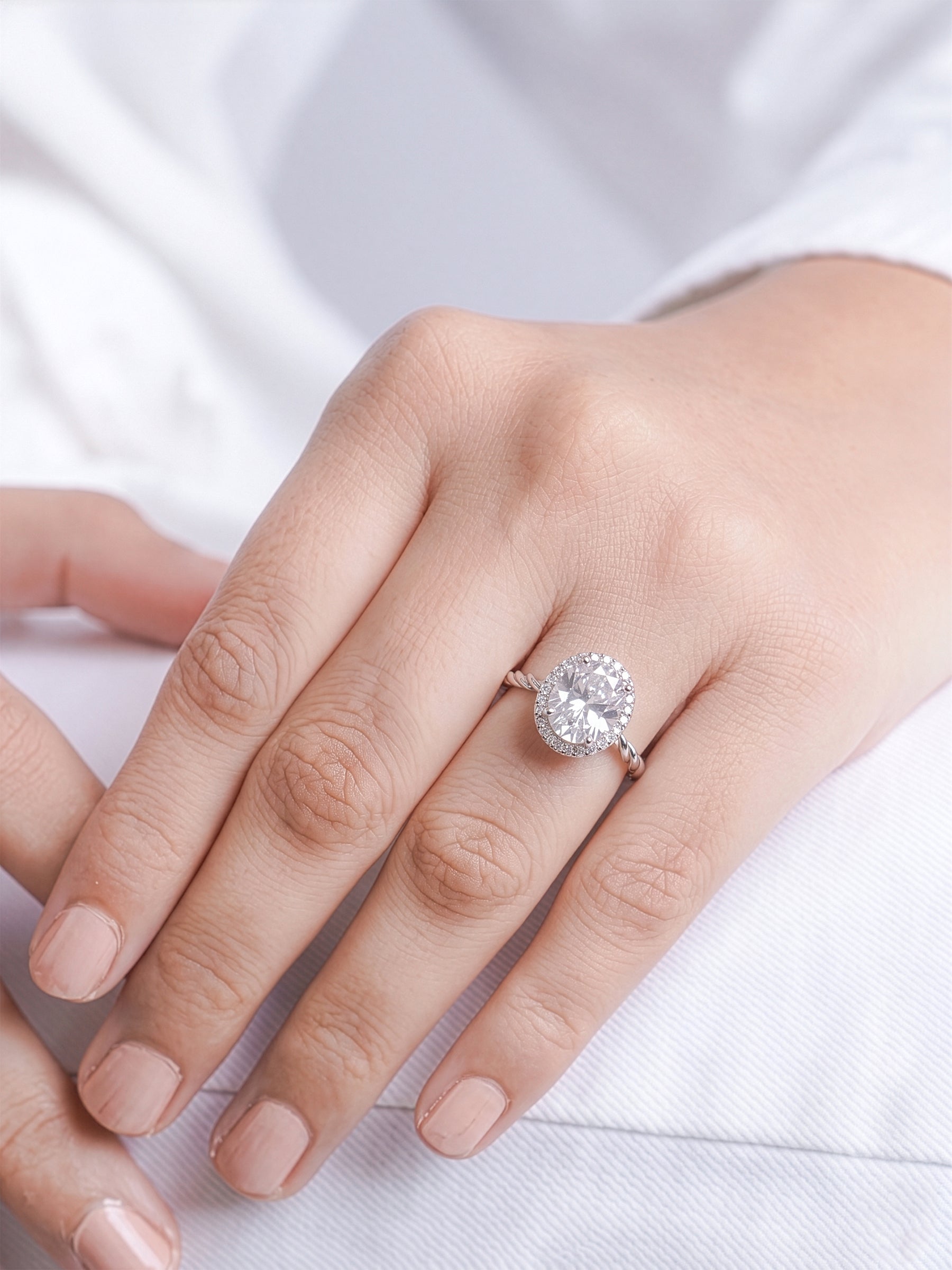 Opaline Oval Silver Diamond Solitaire Twisted Rope Women's Ring