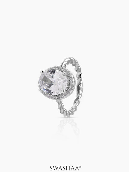 Opaline Oval Silver Diamond Solitaire Twisted Rope Women's Ring