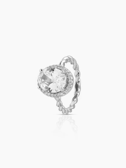 Opaline Oval Silver Diamond Solitaire Twisted Rope Women's Ring