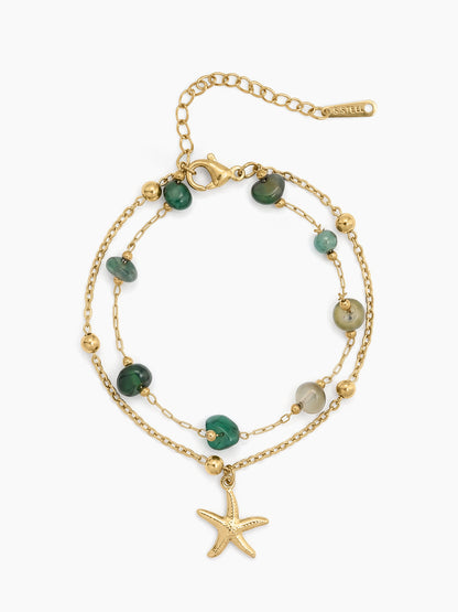 Orabelle Starfish Green Beads 18K Gold Plated Women's Layered Chain Bracelets