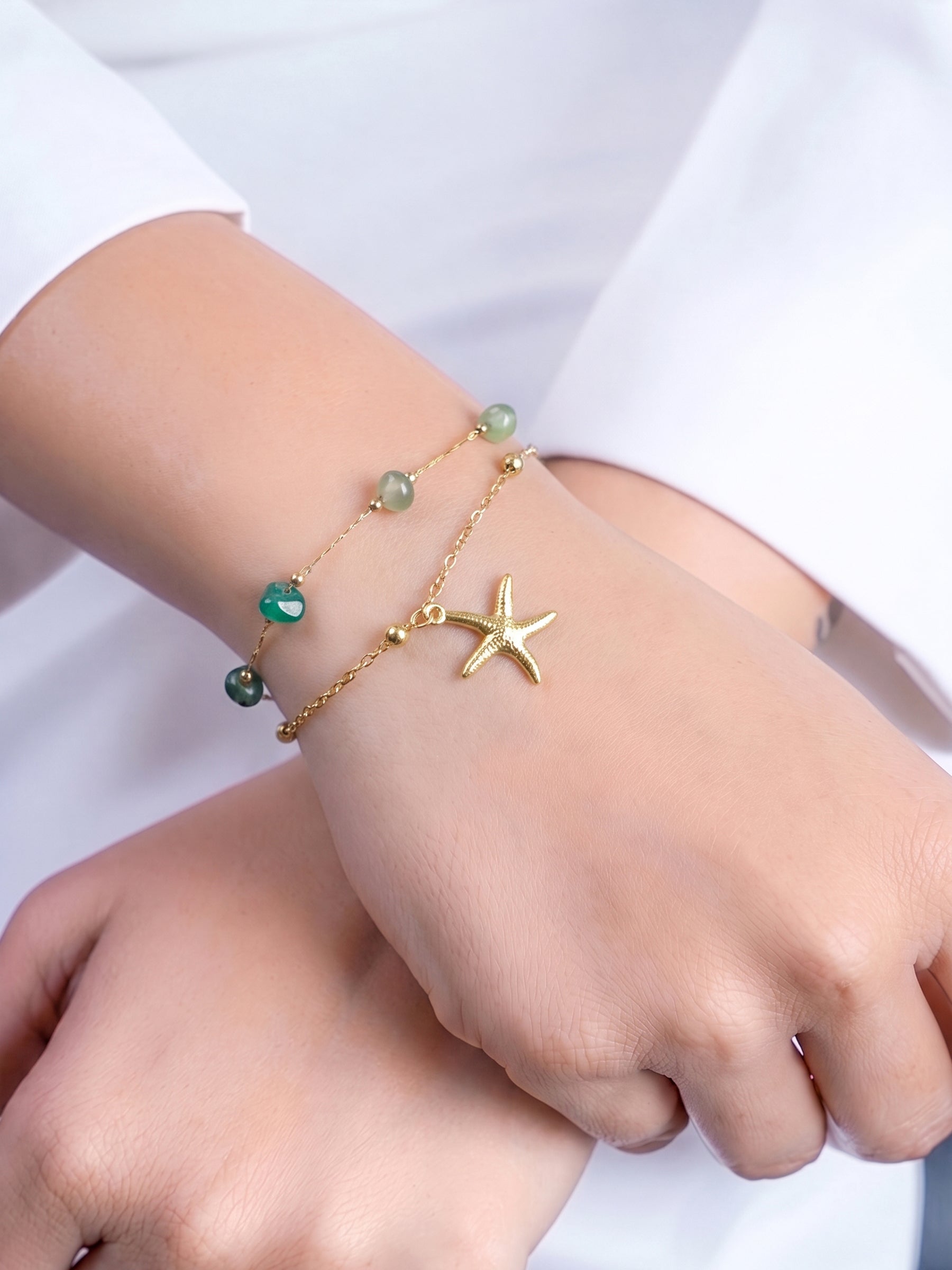 Orabelle Starfish Green Beads 18K Gold Plated Women's Layered Chain Bracelets