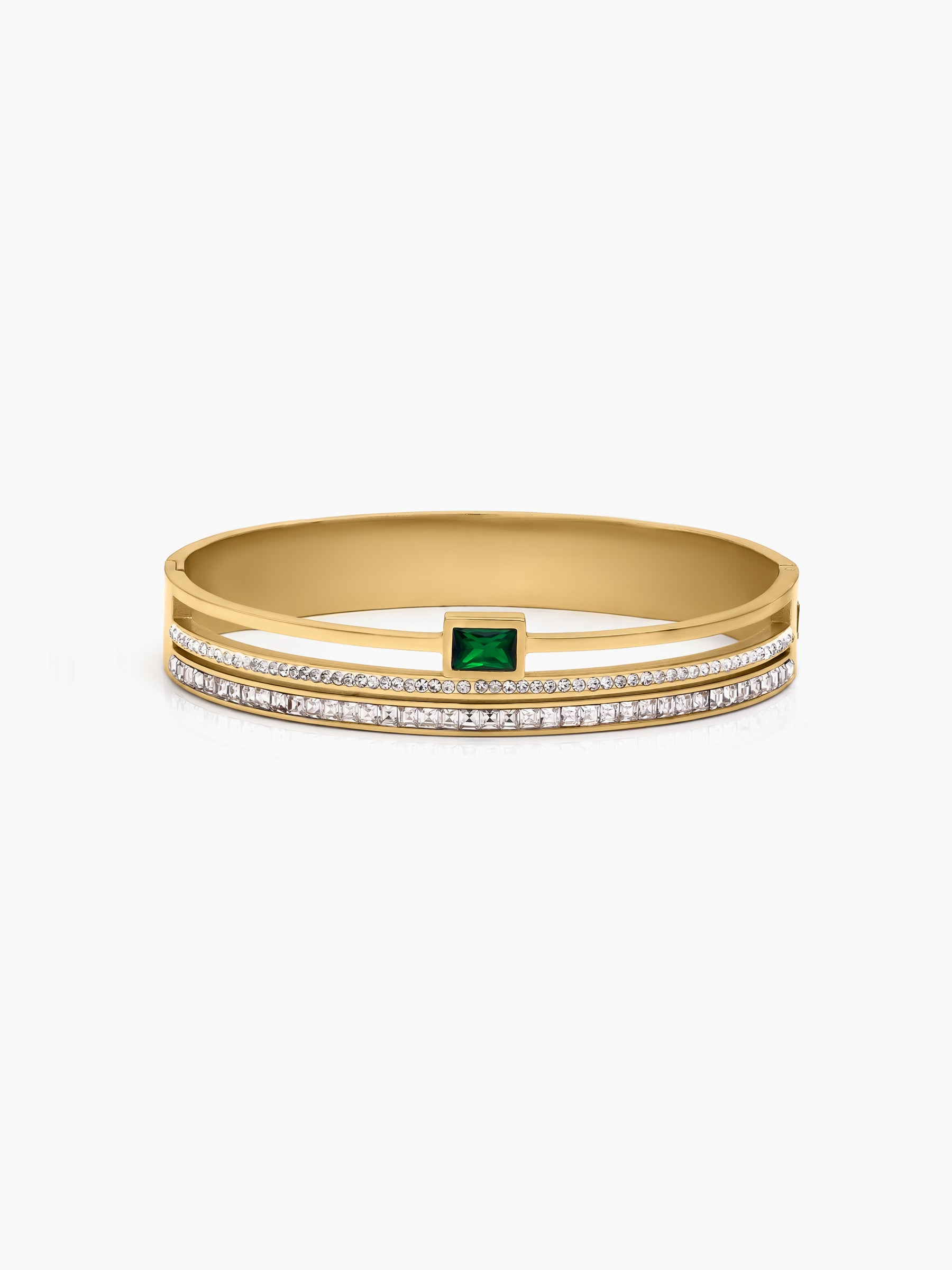 Oralisa Emerald Green Stone Diamond Solitaire 18K Gold Plated Women's Solid Band Bracelet