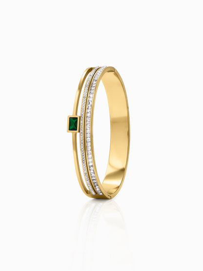 Oralisa Emerald Green Stone Diamond Solitaire 18K Gold Plated Women's Solid Band Bracelet