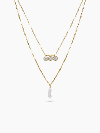 Orelina Diamond Pearl Drop Charms 18K Gold Plated Women's Layered Necklace
