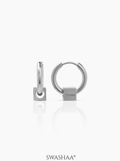 Orin Cube Charm Silver Men's Hoop Earrings