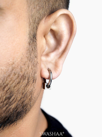 Orin Cube Charm Silver Men's Hoop Earrings