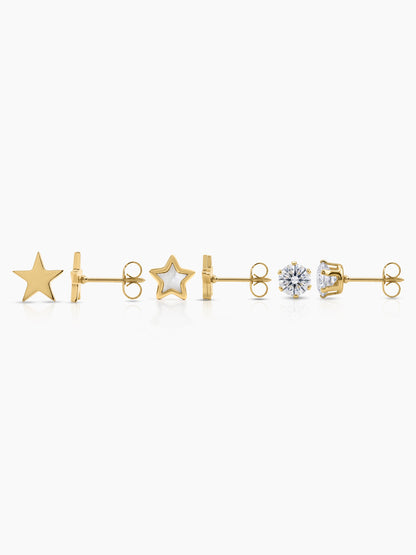 Orlena Star Charm Round Diamond 18K Gold Plated Women's Stud Earrings Set