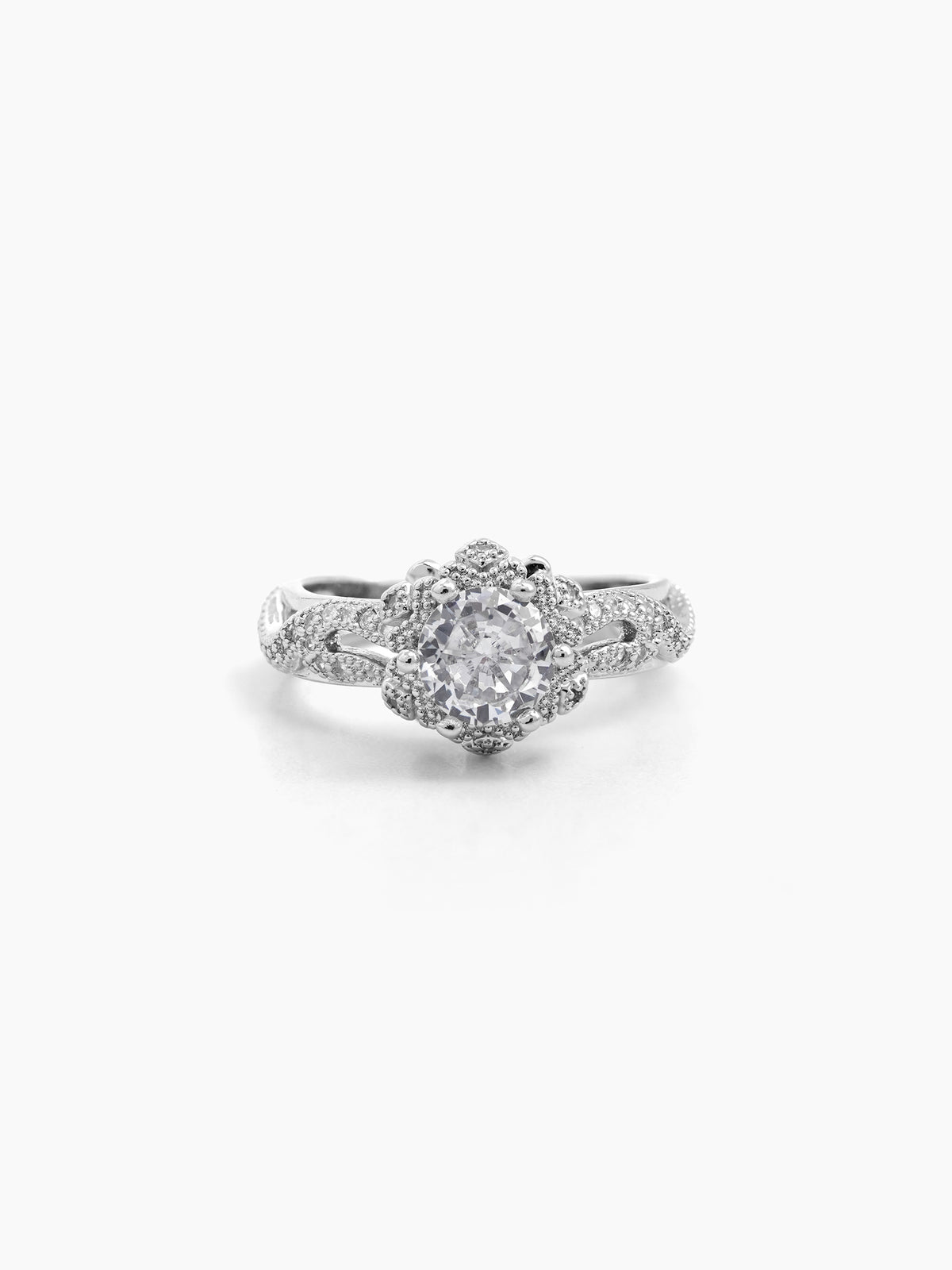 Orlina Floral Silver Diamond Solitaire Women's Ring