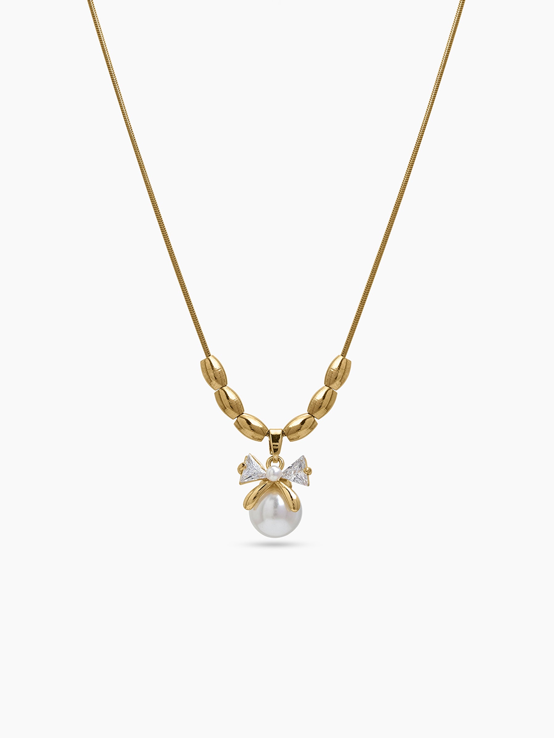 Orlis Diamond Bow Pearl Beaded 18K Gold Plated Women's Chain Pendant Necklaces