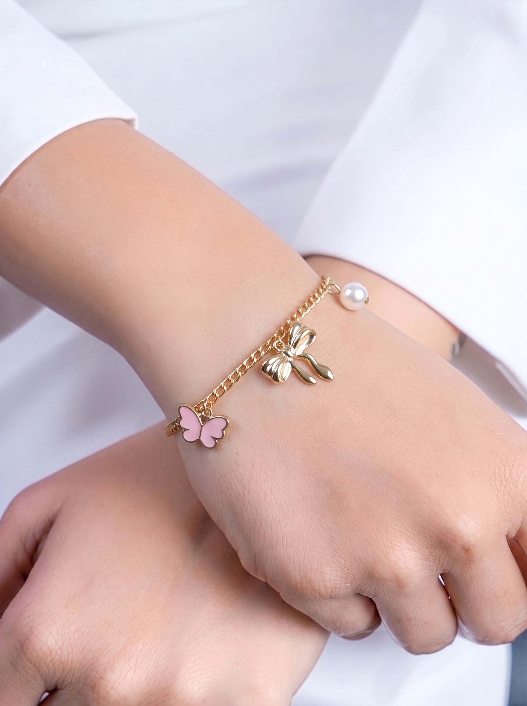 Ornita Bow Butterfly Pearl Charms 18K Gold Plated Women's Loose Bracelets