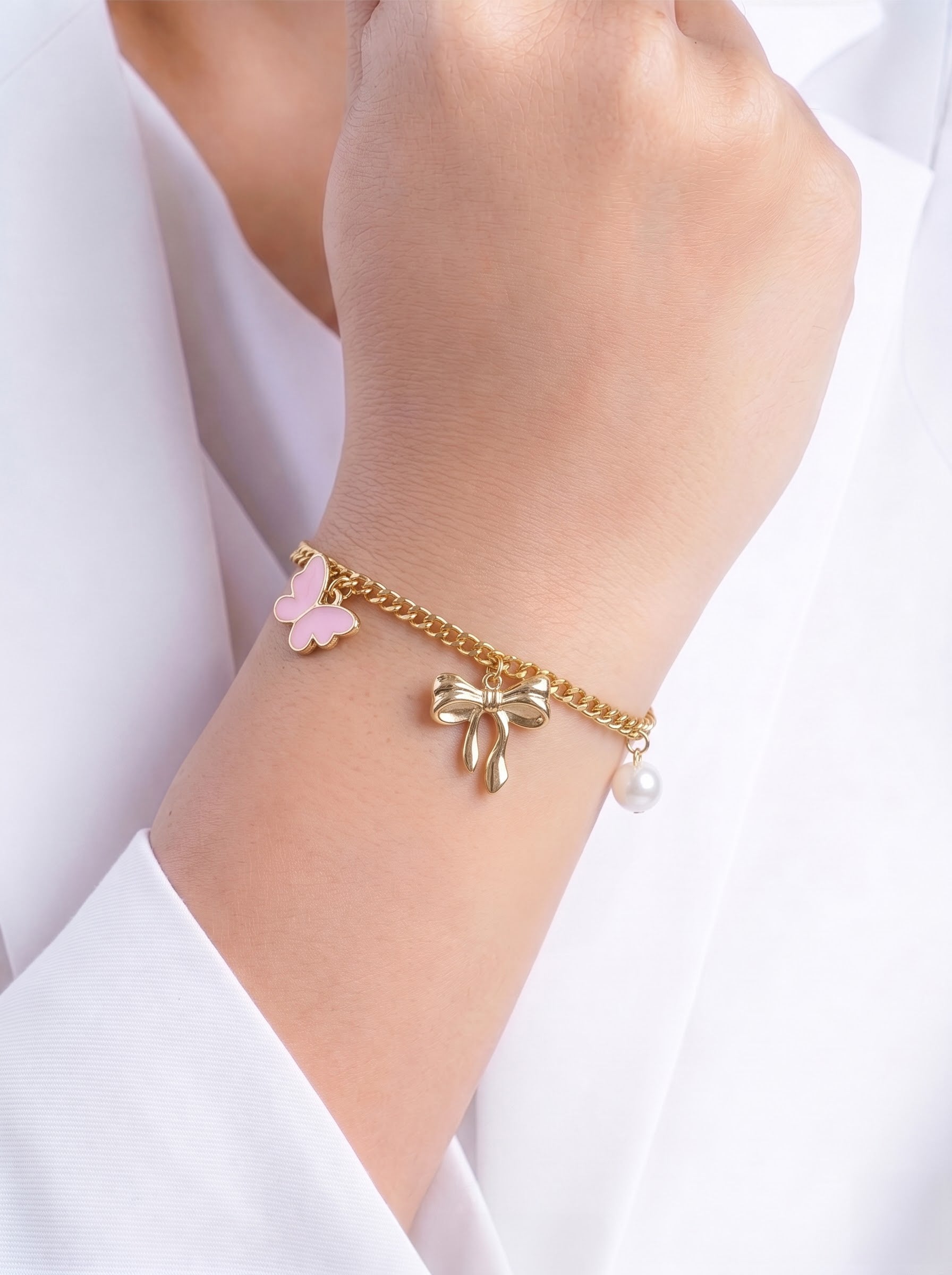 Ornita Bow Butterfly Pearl Charms 18K Gold Plated Women's Loose Bracelets