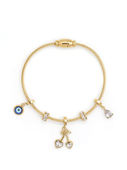 Orsina Evil Eye Heart Drop Diamond Charms 18K Gold Plated Women's Solid Band Bracelet