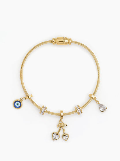 Orsina Evil Eye Heart Drop Diamond Charms 18K Gold Plated Women's Solid Band Bracelet