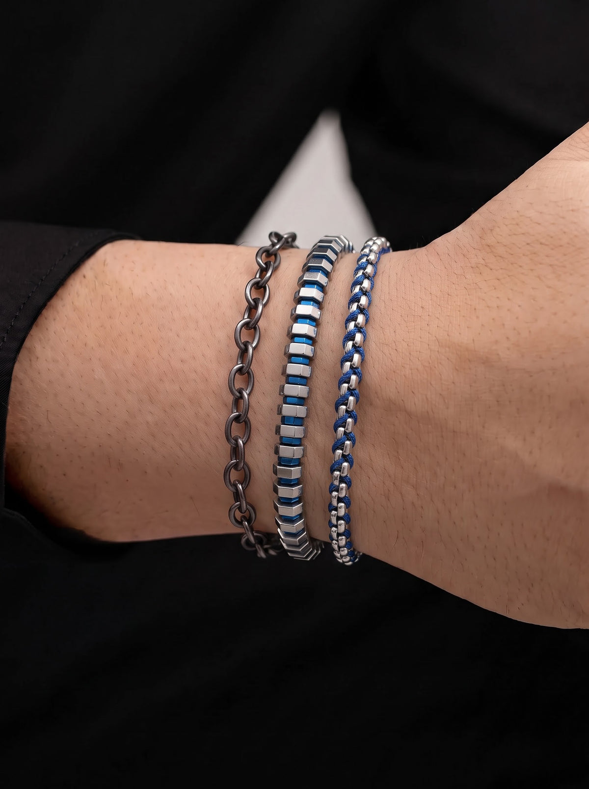Orson Box Chain Black,Blue - Silver Men's Loose Chain Bracelet Set