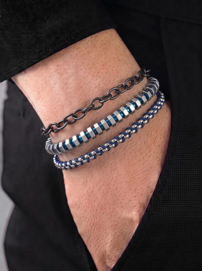 Orson Box Chain Black,Blue - Silver Men's Loose Chain Bracelet Set