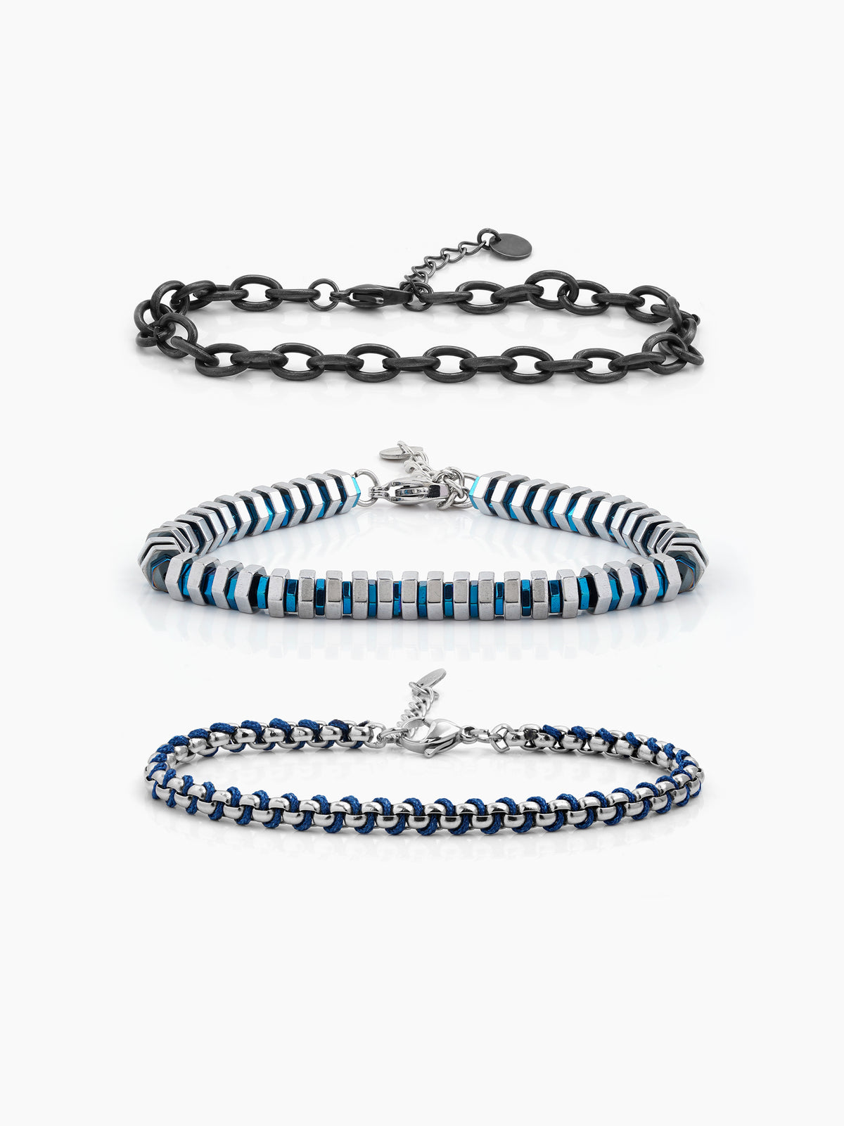 Orson Box Chain Black,Blue - Silver Men's Loose Chain Bracelet Set
