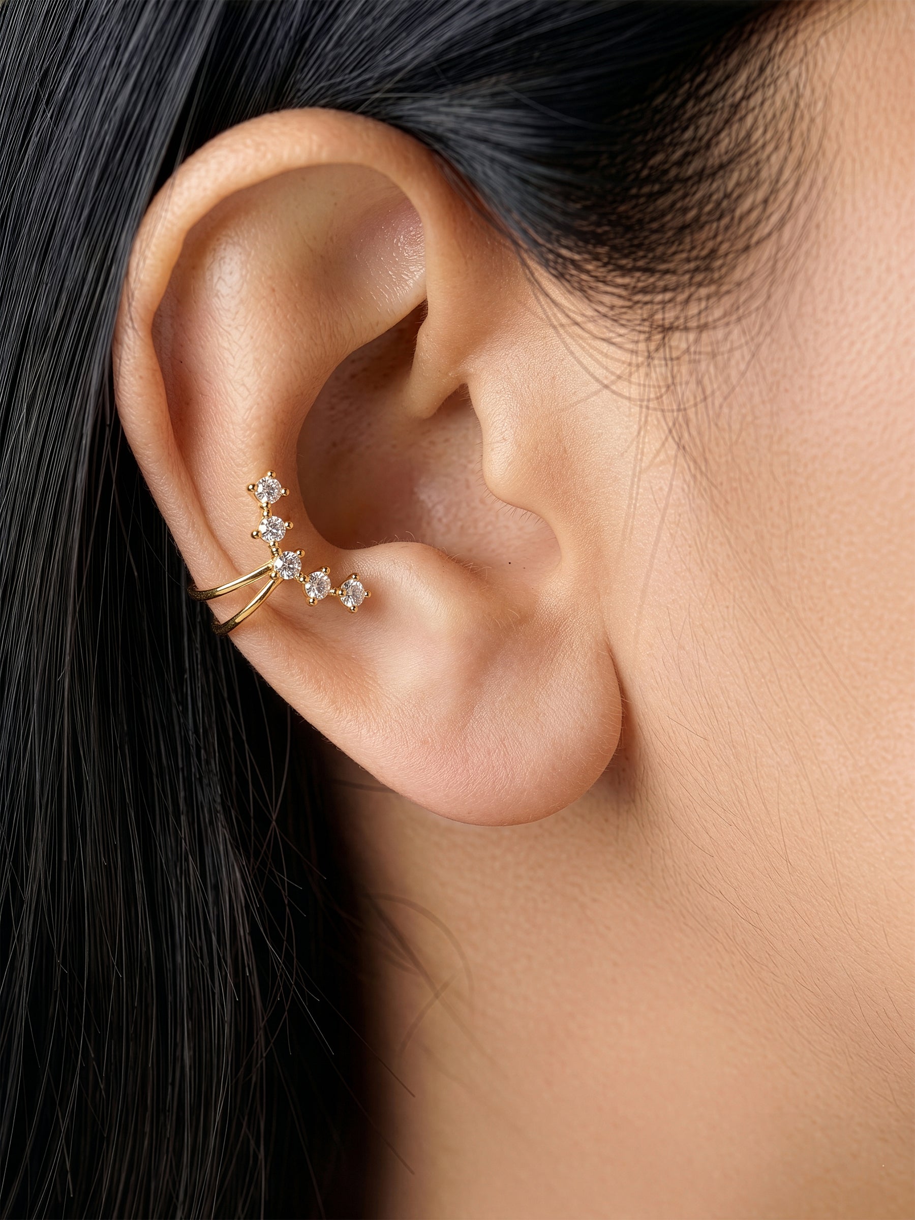 Ovara Diamond Solitaire Curve Arc 18K Gold Plated Women's Ear Cuffs