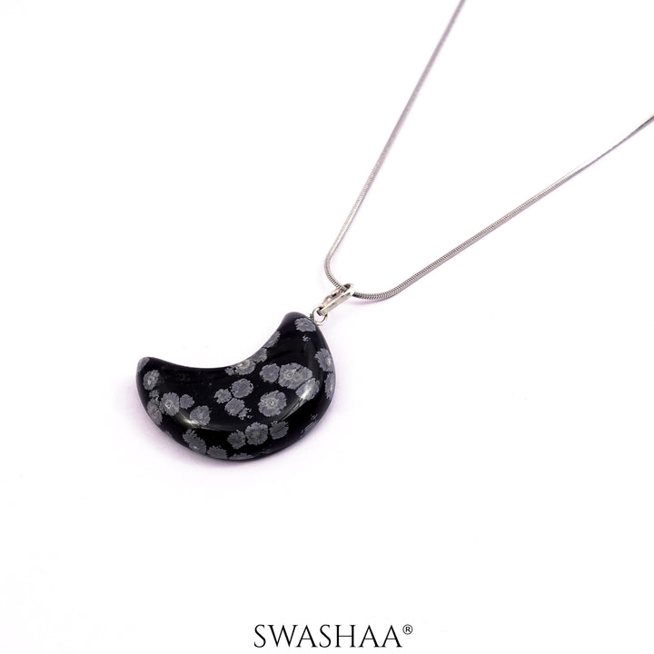Snowflake Obsidian Crescent Men's Chain Pendant | Natural Stone