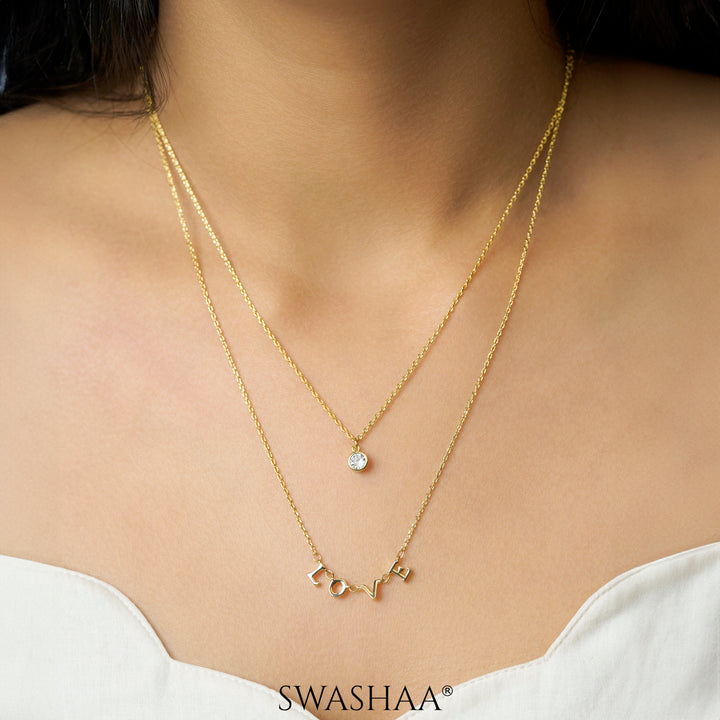 Layered Solitaire LOVE 18K Gold Plated Necklace