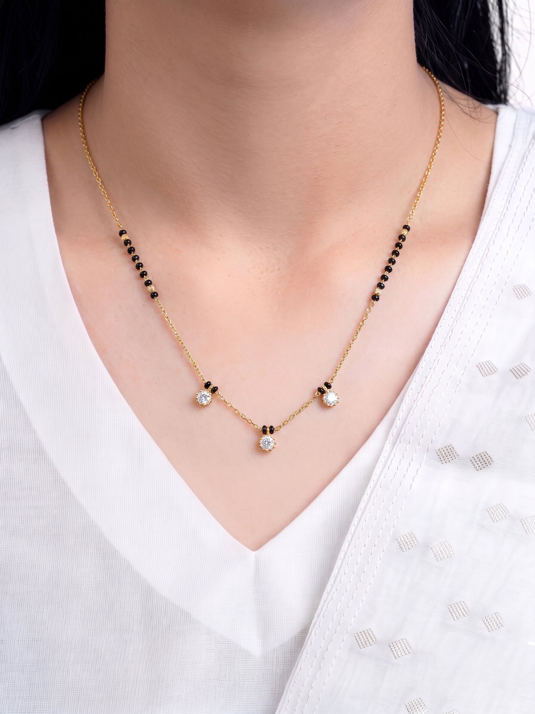 Palak Trio Diamond Solitaire 18K Gold Plated Women's Chain Pendant Mangalsutra Necklace