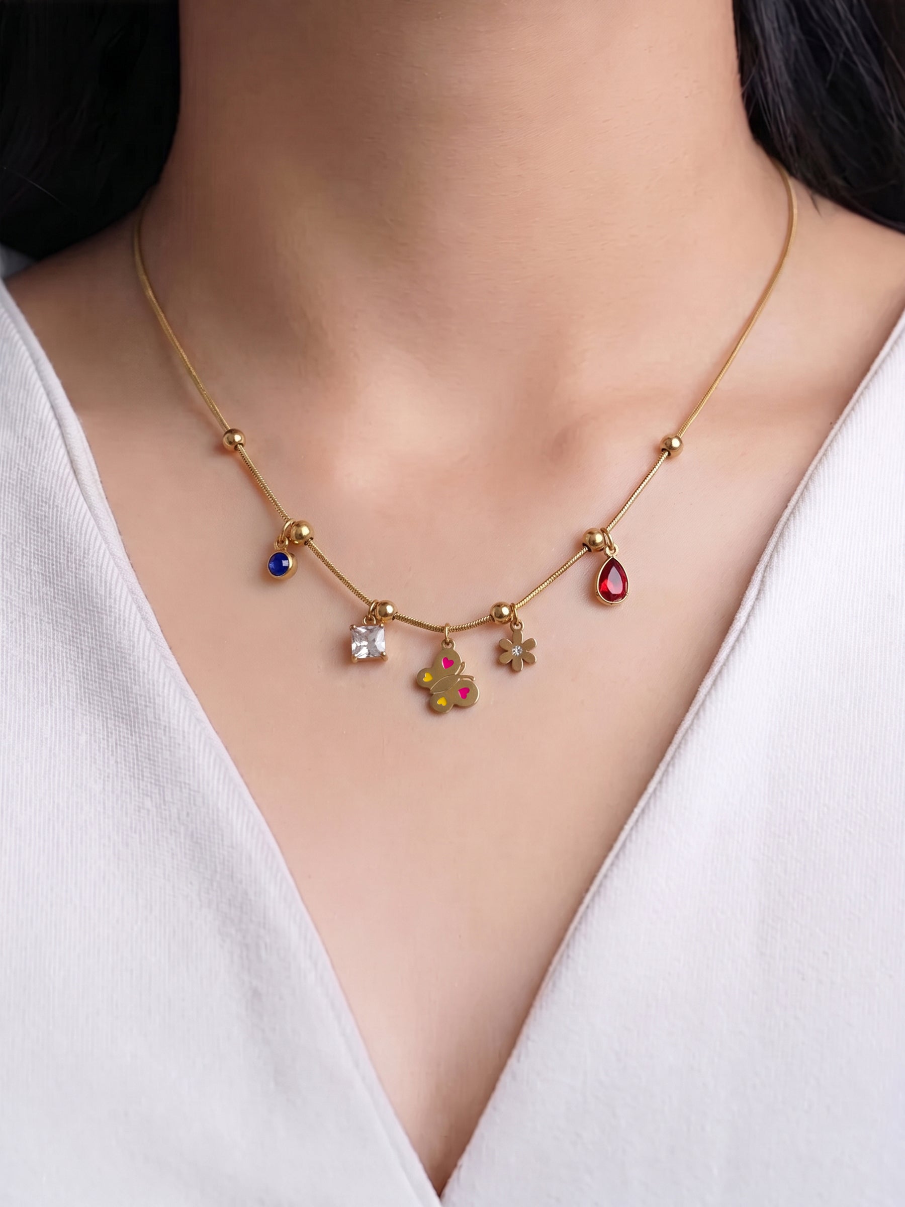 Palmina Beads Butterfly Flower Diamond Charms 18K Gold Plated Women's Chain Pendant Necklaces