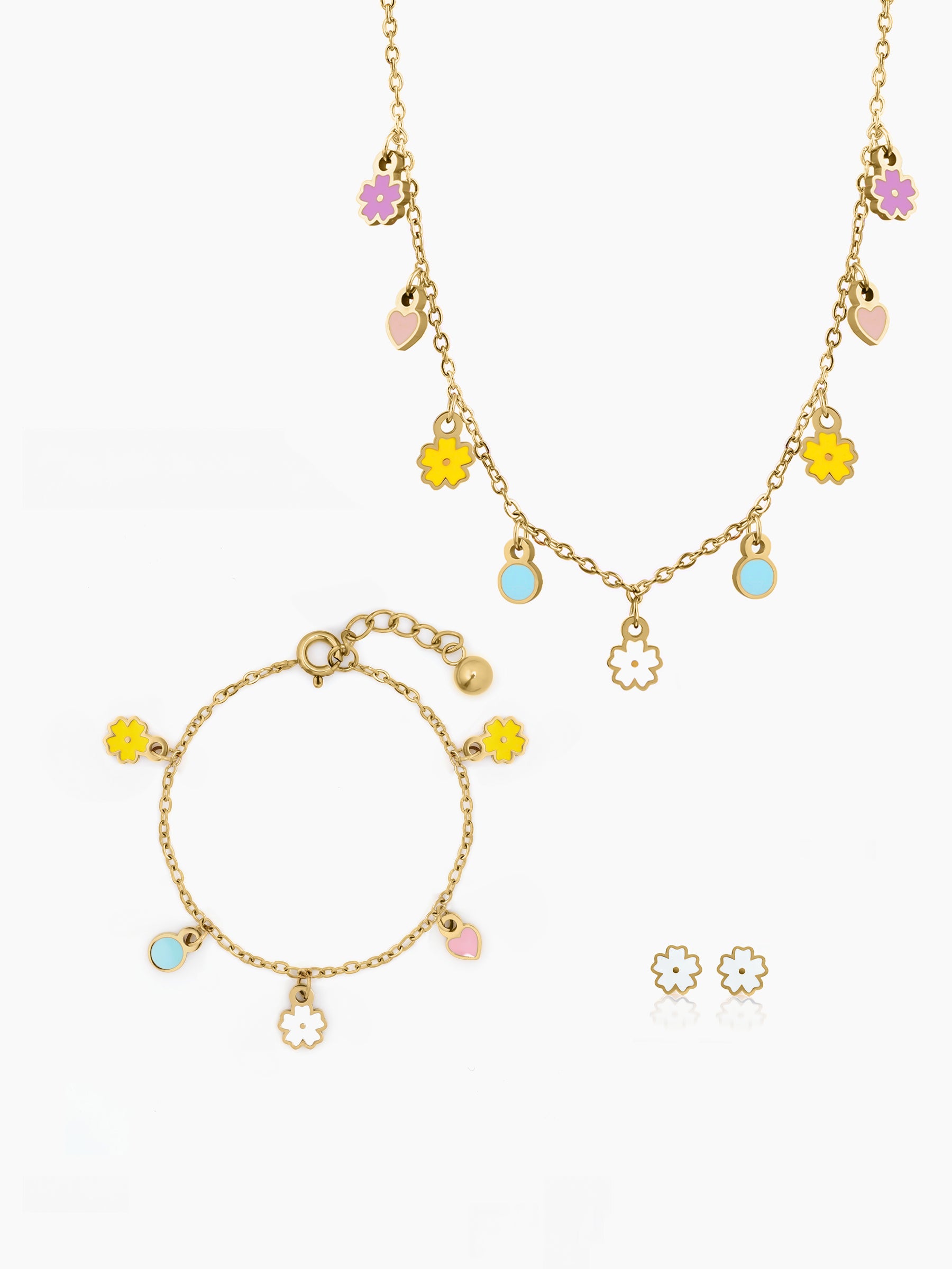 Pastel Pop Heart and Flower Charm Kid's Jewelry Set Of - 3 Necklace, Charms Bracelet & Stud Earrings