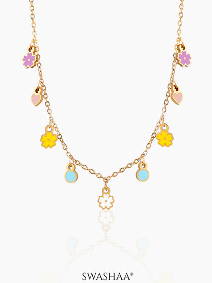 PastelPop Heart & Flower Charms 18K Gold Plated Kid's Necklace