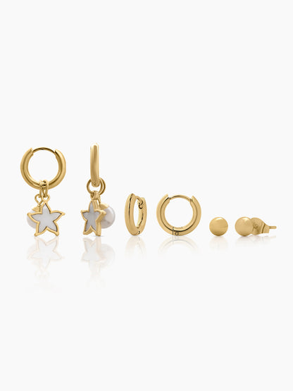Pearl & Star Sphere 18K Gold Plated Women's Hoop, Stud Earrings Set