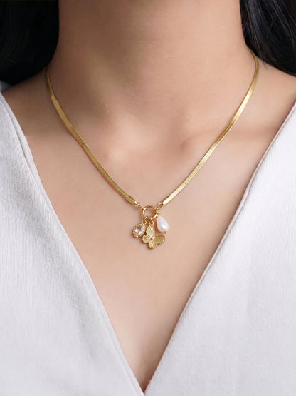 Pearlina Dangling Charms Butterfly, Pearl Drop 18K Gold Plated Women's Necklace