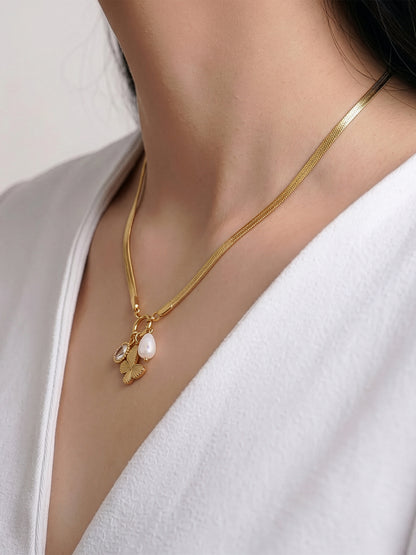 Pearlina Dangling Charms Butterfly, Pearl Drop 18K Gold Plated Women's Necklace