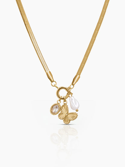 Pearlina Dangling Charms Butterfly, Pearl Drop 18K Gold Plated Women's Necklace