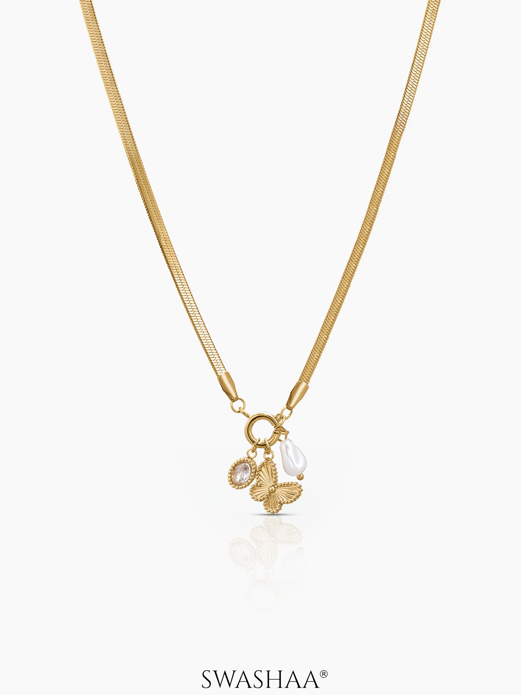 Pearlina Dangling Charms Butterfly, Pearl Drop 18K Gold Plated Women's Necklace