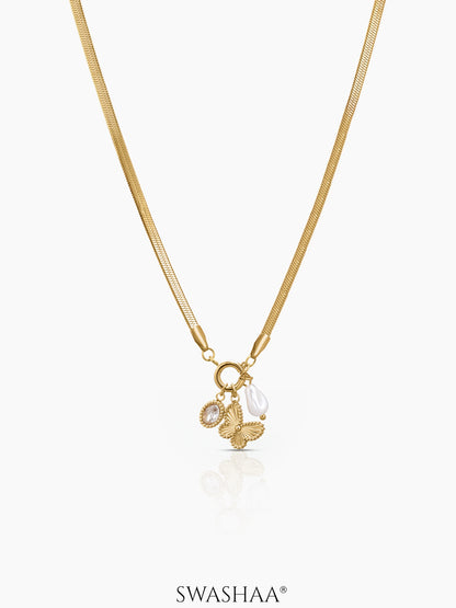 Pearlina Dangling Charms Butterfly, Pearl Drop 18K Gold Plated Women's Necklace