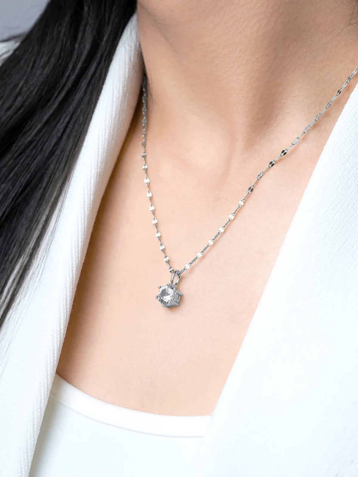 Perennial Solitaire Charm Silver Chain Pendant Necklace