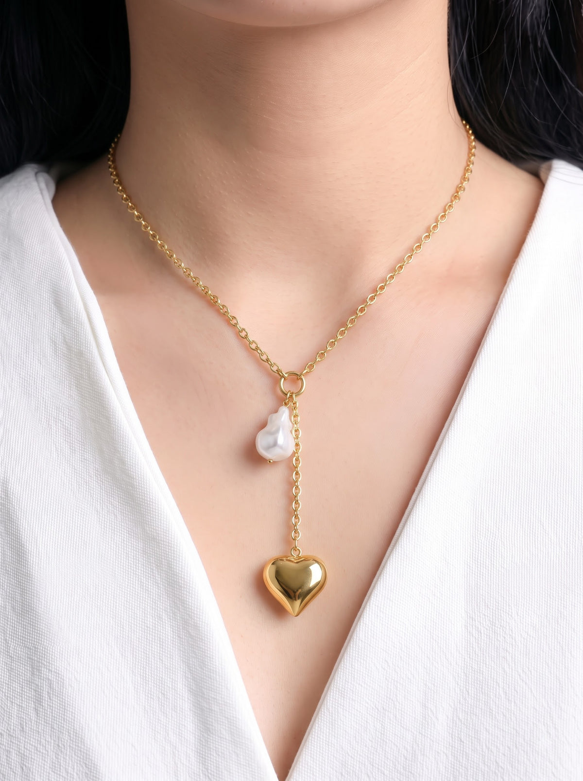 Perlie Heart Pearl 18K Gold Plated Women's Chain Pendant Necklaces