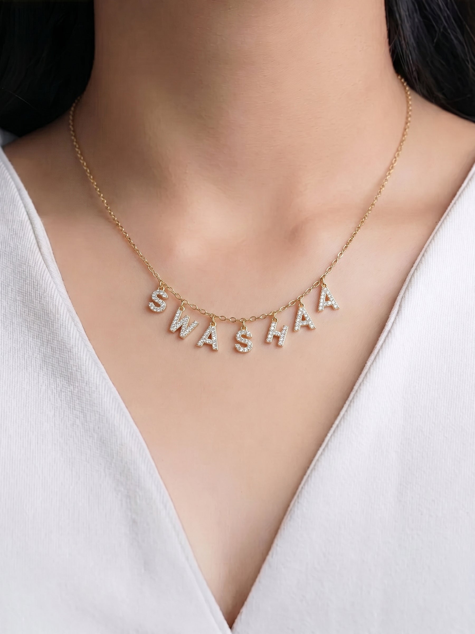 Personalized Spaced Letter Diamond Charm Name 18K Gold Plated Women's Chain Pendant Necklace