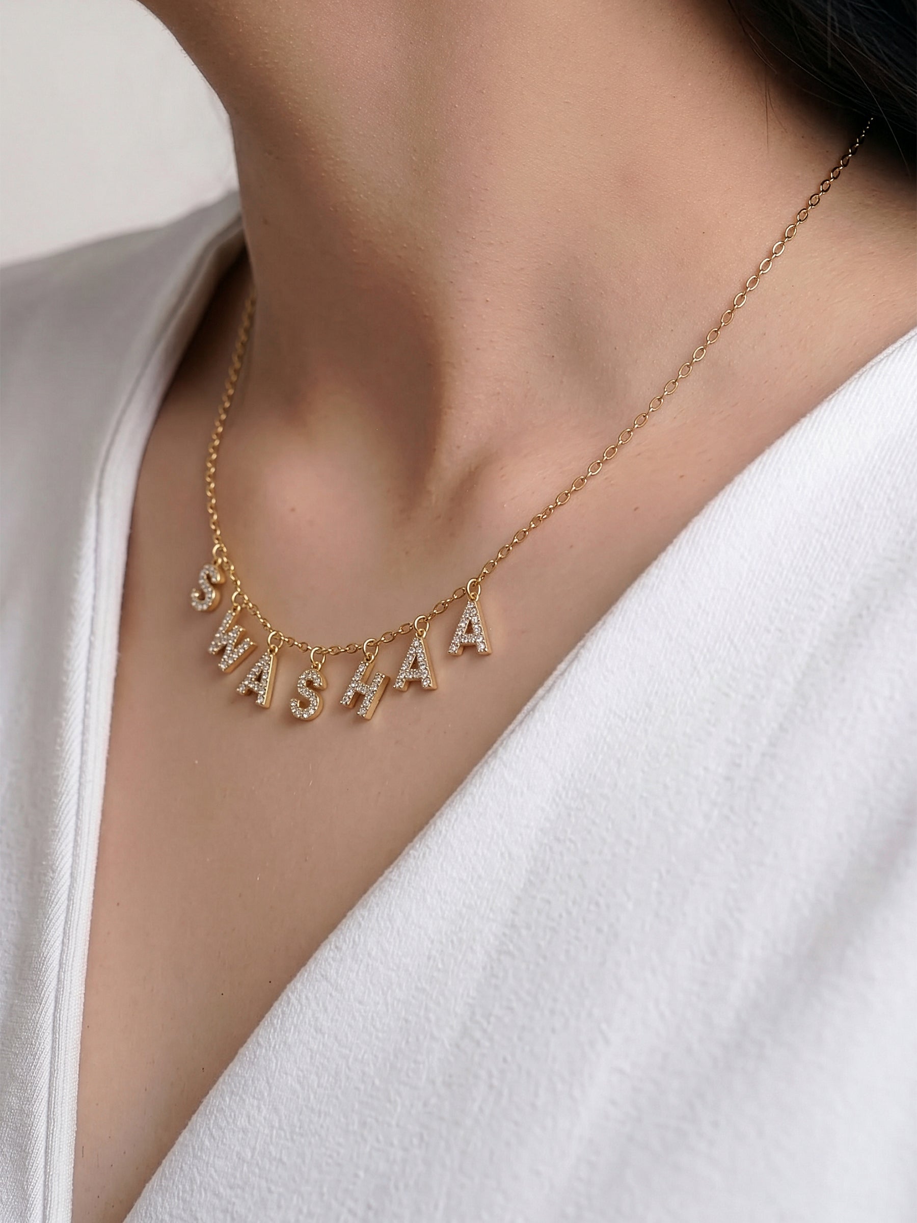 Personalized Spaced Letter Diamond Charm Name 18K Gold Plated Women's Chain Pendant Necklace