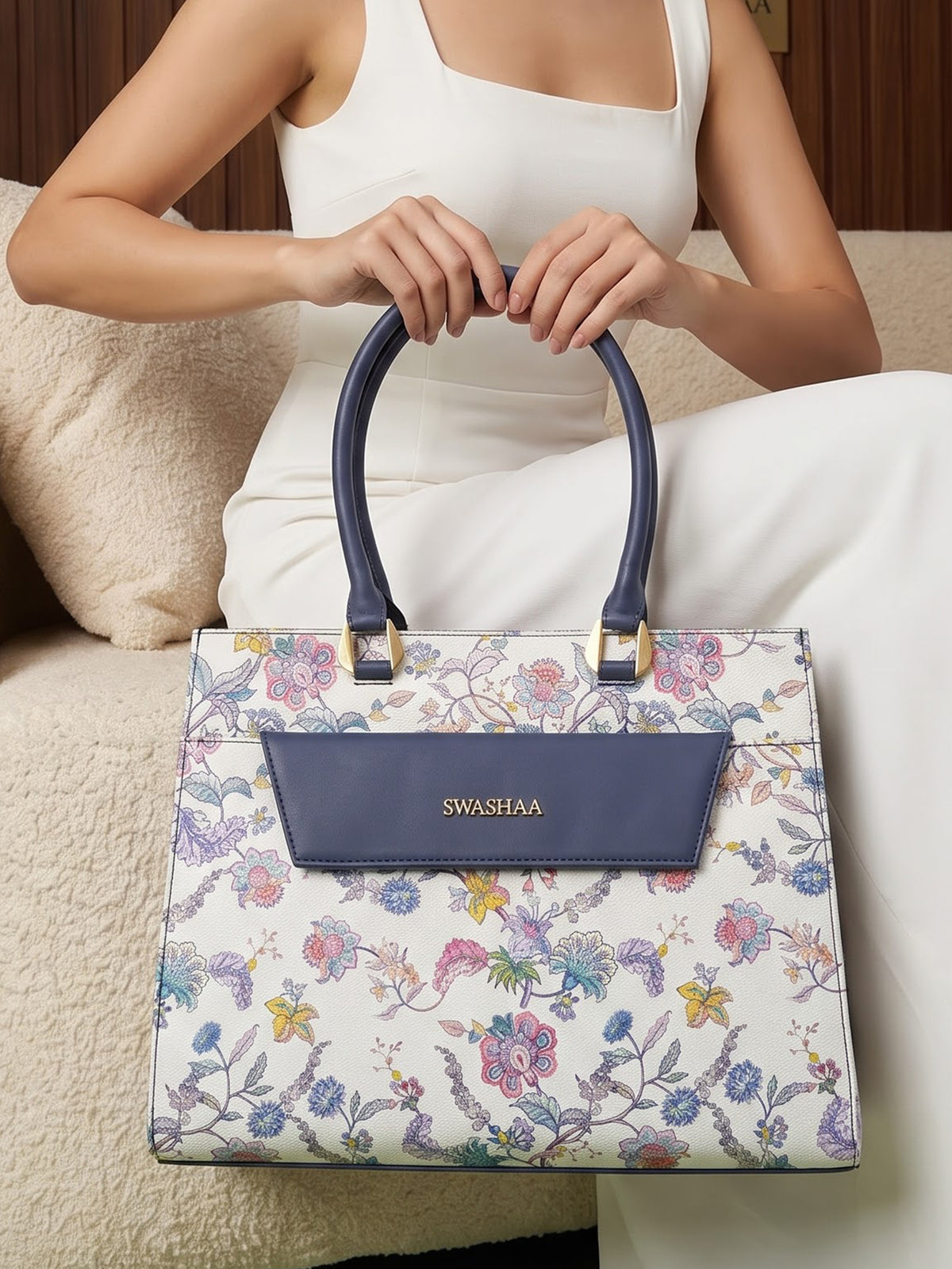 Petal Prowess White Blue Blossom Women's Leather Hand Bag