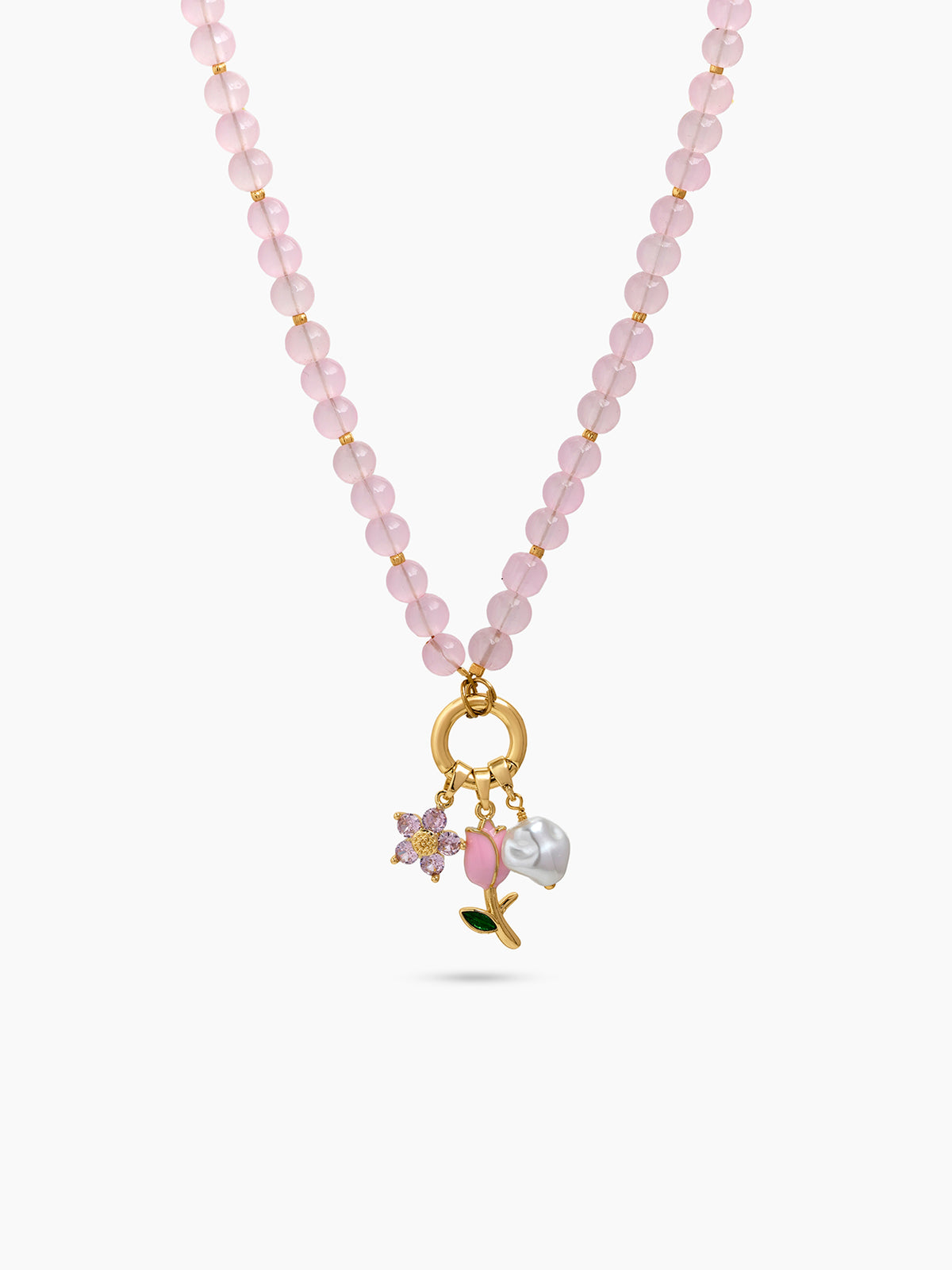 Petalia Tulip Floral Pearl  Charms 18K Gold Plated - Pink Women's Beaded Chain Pendant Necklace