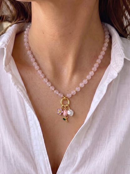 Petalia Tulip Floral Pearl  Charms 18K Gold Plated - Pink Women's Beaded Chain Pendant Necklace